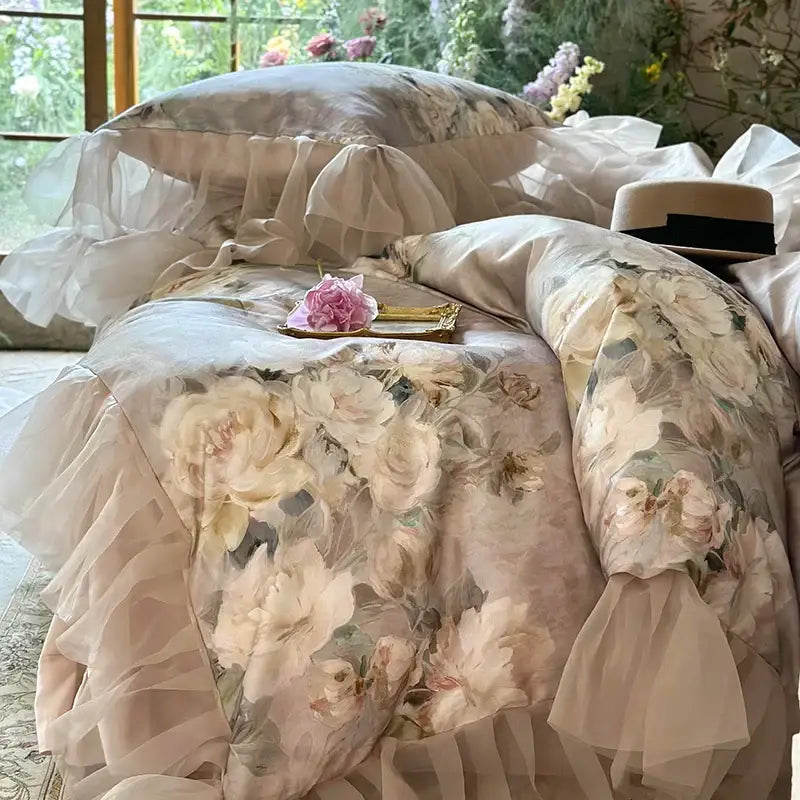 French flowers lace ruffles blush pink bedding set bedroom duvet