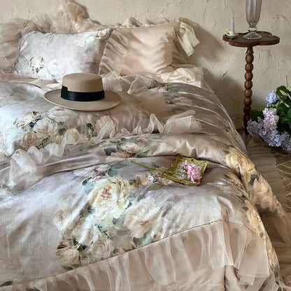 French flowers lace ruffles blush pink bedding set bedroom duvet