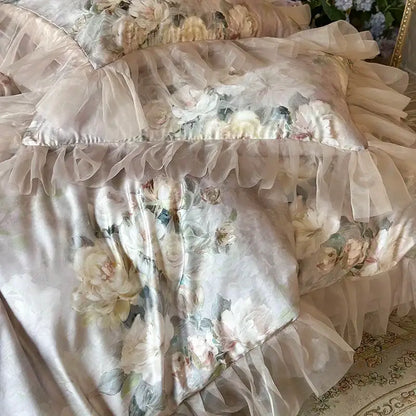 French flowers lace ruffles blush pink bedding set bedroom duvet