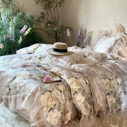 French flowers lace ruffles blush pink bedding set bedroom duvet