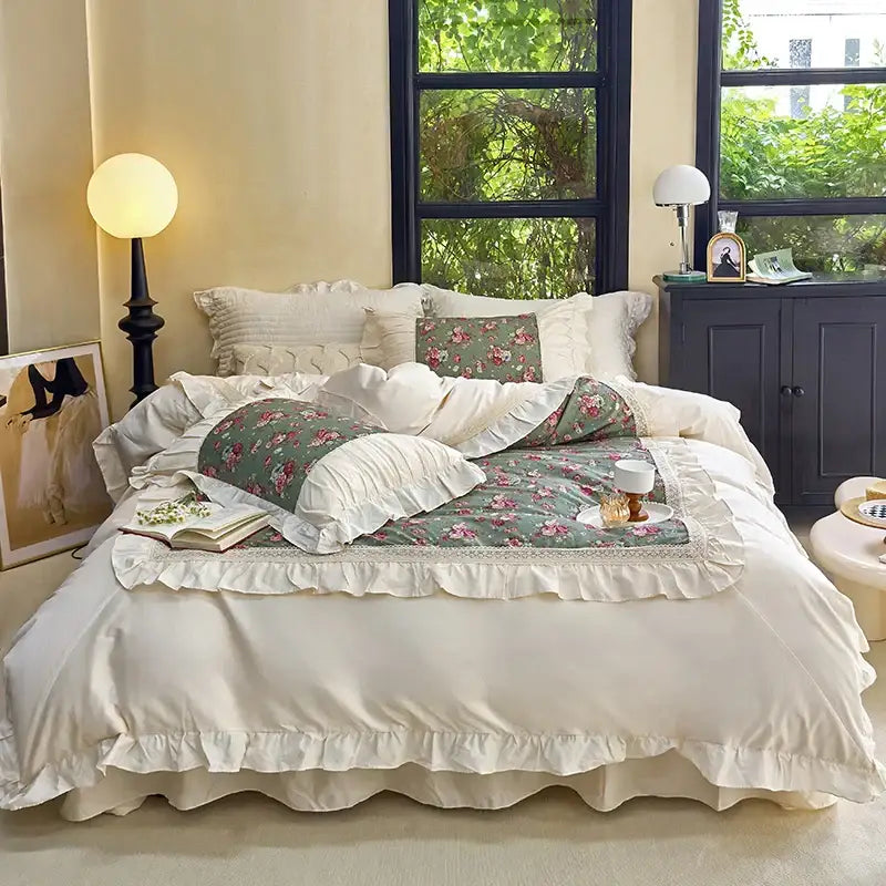 French flowers lace ruffles cream bedding set bedroom decor