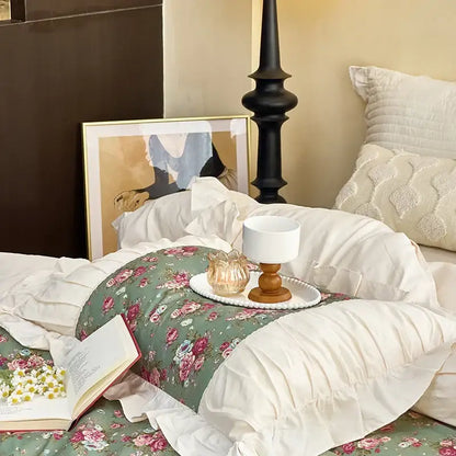 French flowers lace ruffles cream bedding set bedroom decor