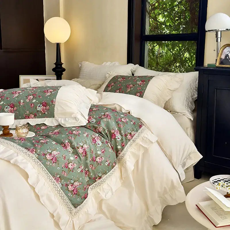 French flowers lace ruffles cream bedding set bedroom decor