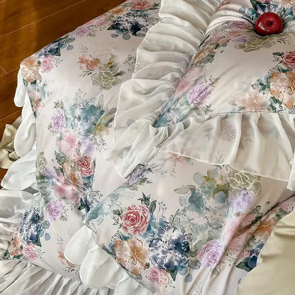 French flowers lace ruffles satin bedding set bedroom decor