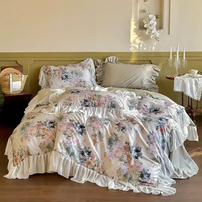 French flowers lace ruffles satin bedding set bedroom decor