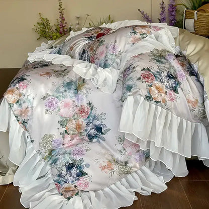 French flowers lace ruffles satin bedding set bedroom decor