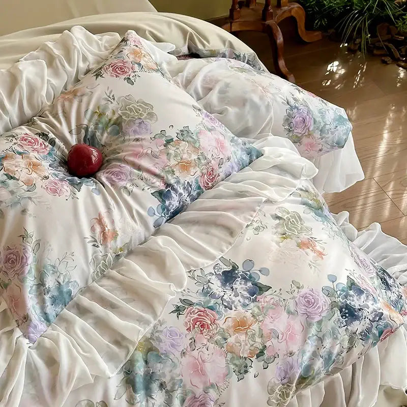 French flowers lace ruffles satin bedding set bedroom decor