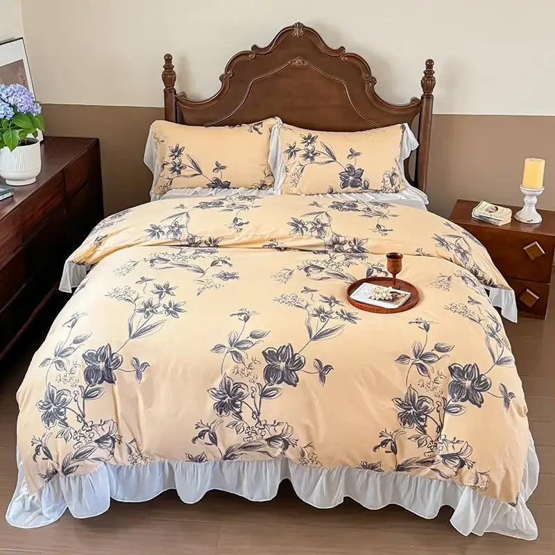 French flowers lace ruffles white bedroom bedding set