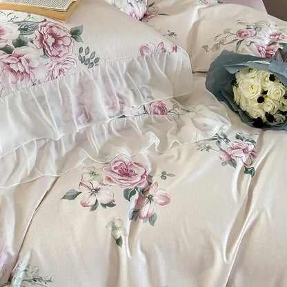 French flowers lace ruffles white bedroom bedding set