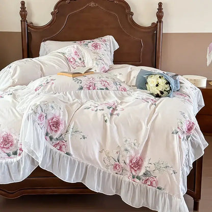 French flowers lace ruffles white bedroom bedding set