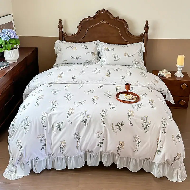 French flowers lace ruffles white bedroom bedding set