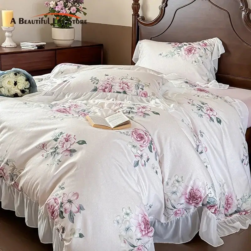 French flowers lace ruffles white bedroom bedding set