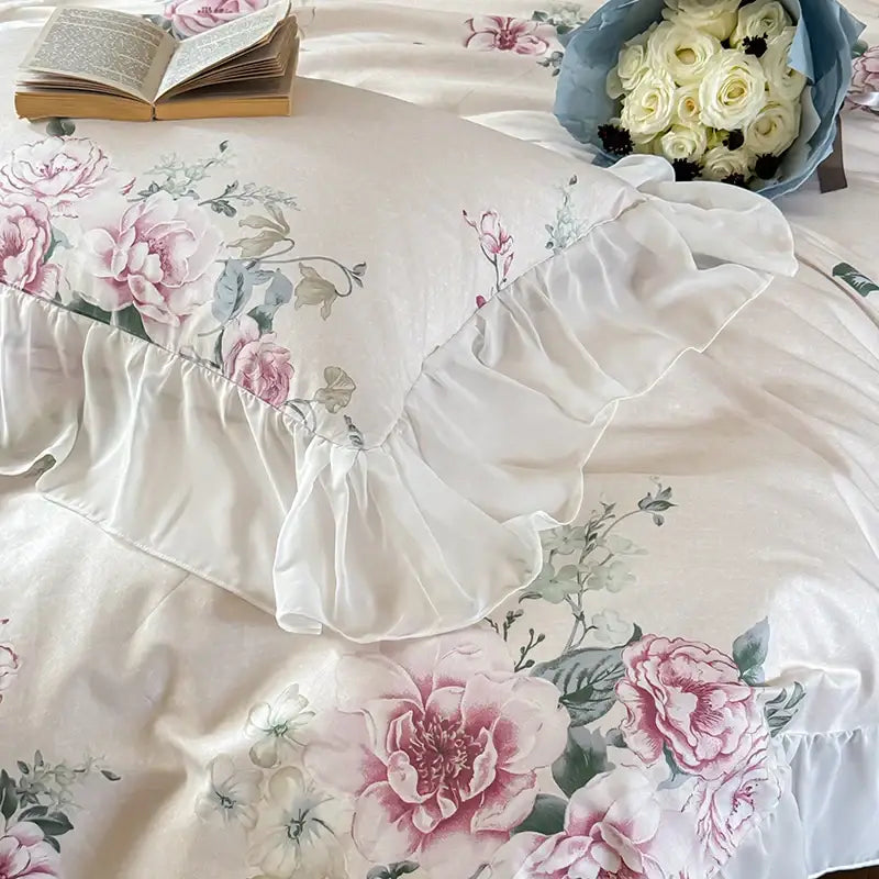 French flowers lace ruffles white bedroom bedding set