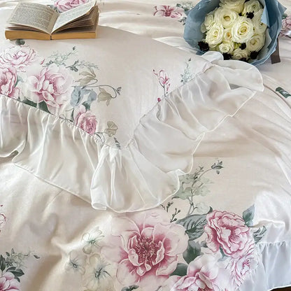 French flowers lace ruffles white bedroom bedding set