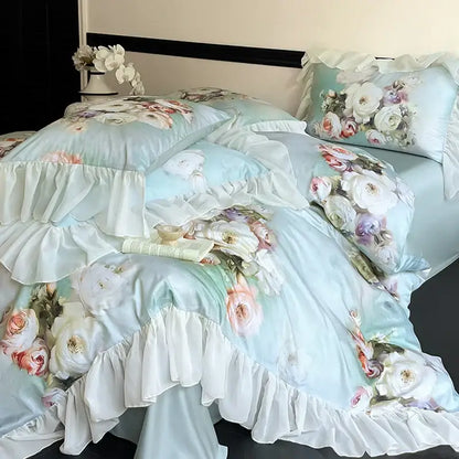 French flowers mint & white lace ruffles bedding set bedroom decor