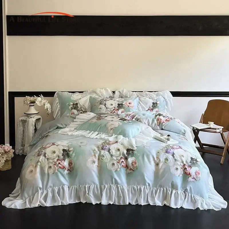 French flowers mint & white lace ruffles bedding set bedroom decor