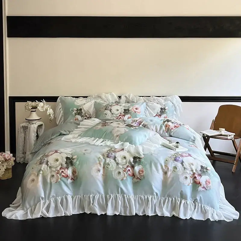 French flowers mint & white lace ruffles bedding set bedroom decor