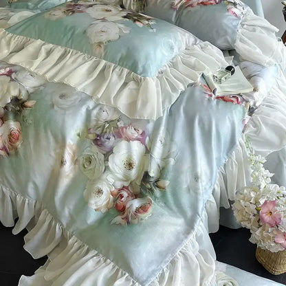 French flowers mint & white lace ruffles bedding set bedroom decor