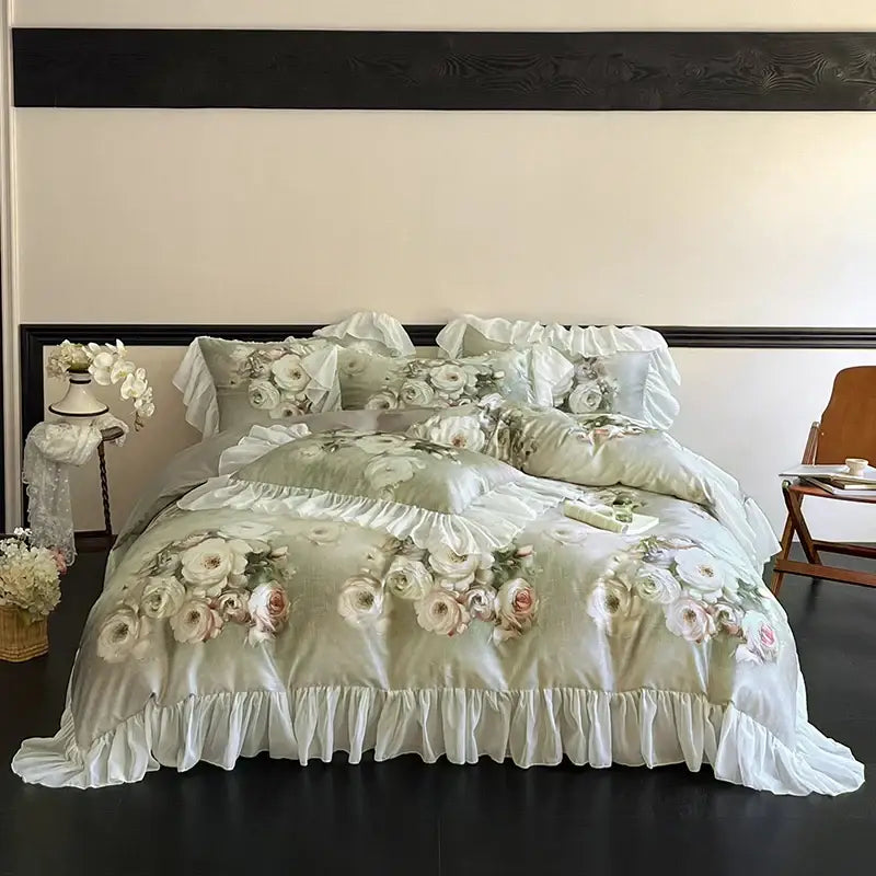 French flowers mint & white lace ruffles bedding set bedroom decor