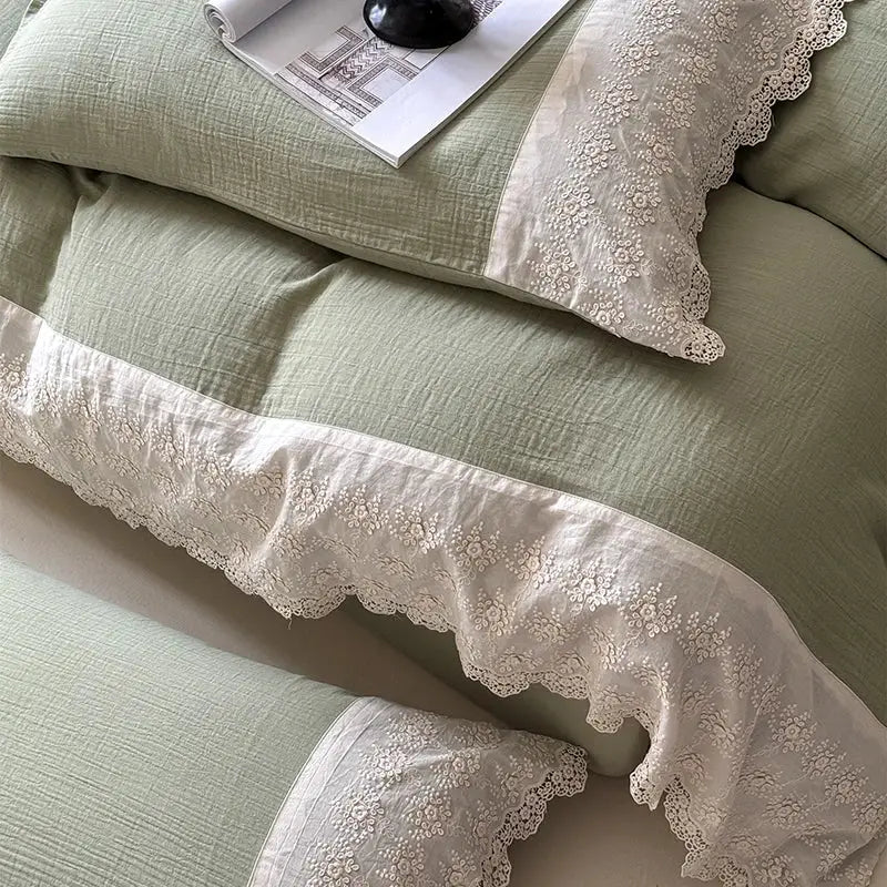 French lace cotton mint green & white bedding set bedroom duvet
