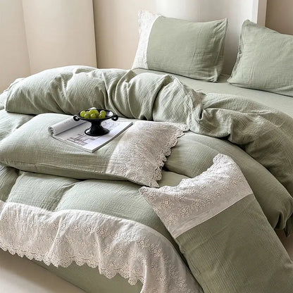 French lace cotton mint green & white bedding set bedroom duvet