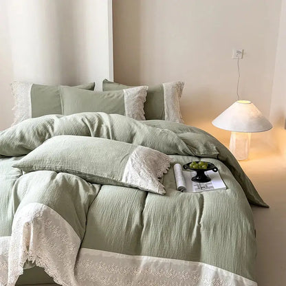 French lace cotton mint green & white bedding set bedroom duvet