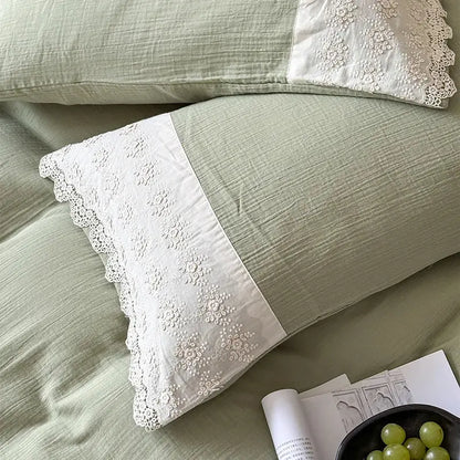 French lace cotton mint green & white bedding set bedroom duvet