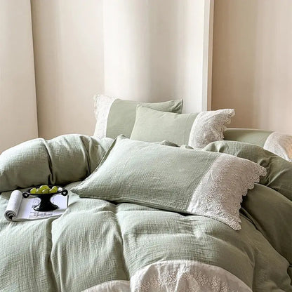 French lace cotton mint green & white bedding set bedroom duvet