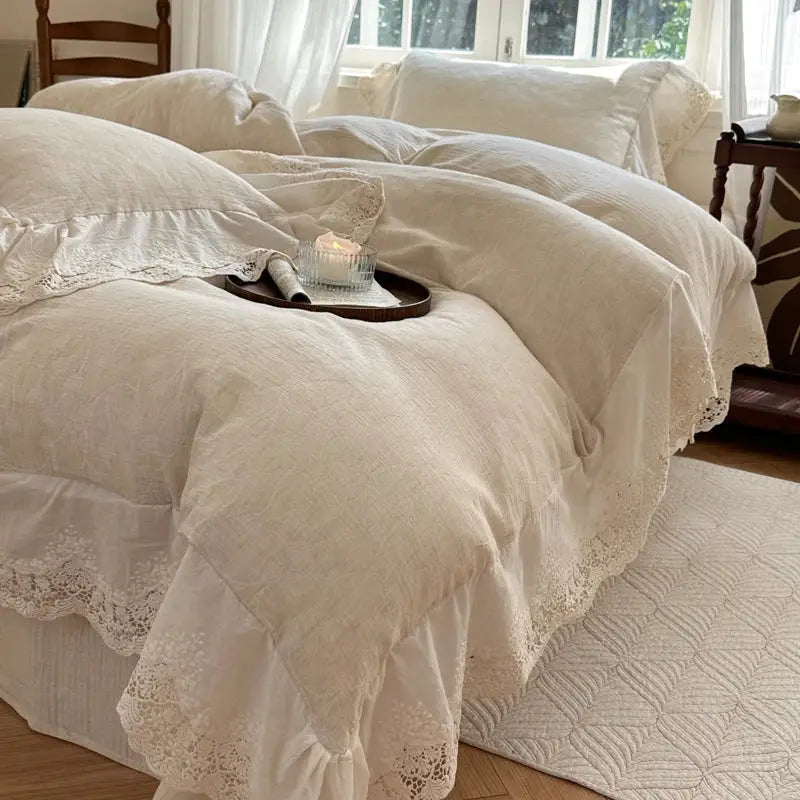 French lace cream jacquard linen cotton bedding set bedroom ruffles