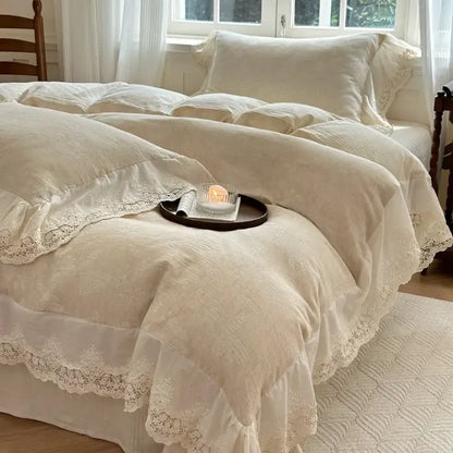 French lace cream jacquard linen cotton bedding set bedroom ruffles