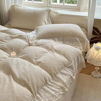 French lace cream jacquard linen cotton bedding set bedroom ruffles