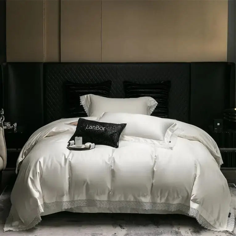 DecorBites™ French Lace Edge Bedding Set, 1000TC Egyptian Cotton, Queen King, Duvet, Sheet, Pillowcases