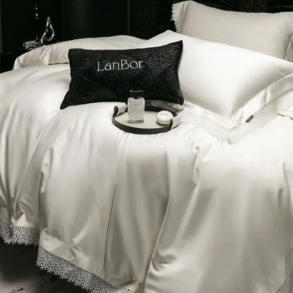 DecorBites™ French Lace Edge Bedding Set, 1000TC Egyptian Cotton, Queen King, Duvet, Sheet, Pillowcases