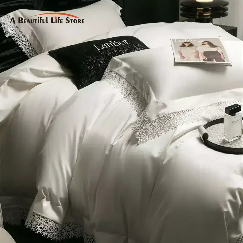 DecorBites™ French Lace Edge Bedding Set, 1000TC Egyptian Cotton, Queen King, Duvet, Sheet, Pillowcases