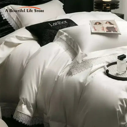 DecorBites™ French Lace Edge Bedding Set, 1000TC Egyptian Cotton, Queen King, Duvet, Sheet, Pillowcases