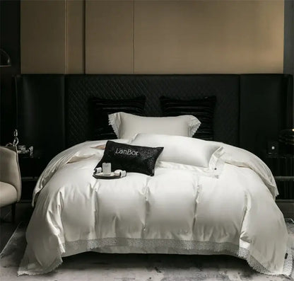 DecorBites™ French Lace Edge Bedding Set, 1000TC Egyptian Cotton, Queen King, Duvet, Sheet, Pillowcases