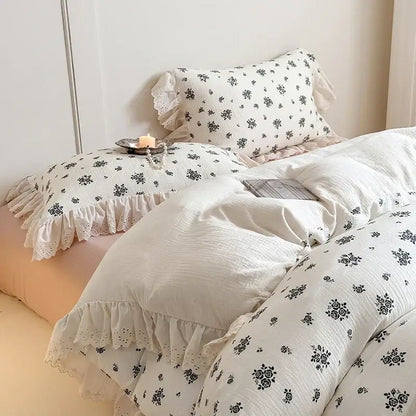 French lace floral white cotton bedding set bedroom ruffles