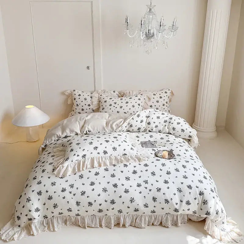 French lace floral white cotton bedding set bedroom ruffles