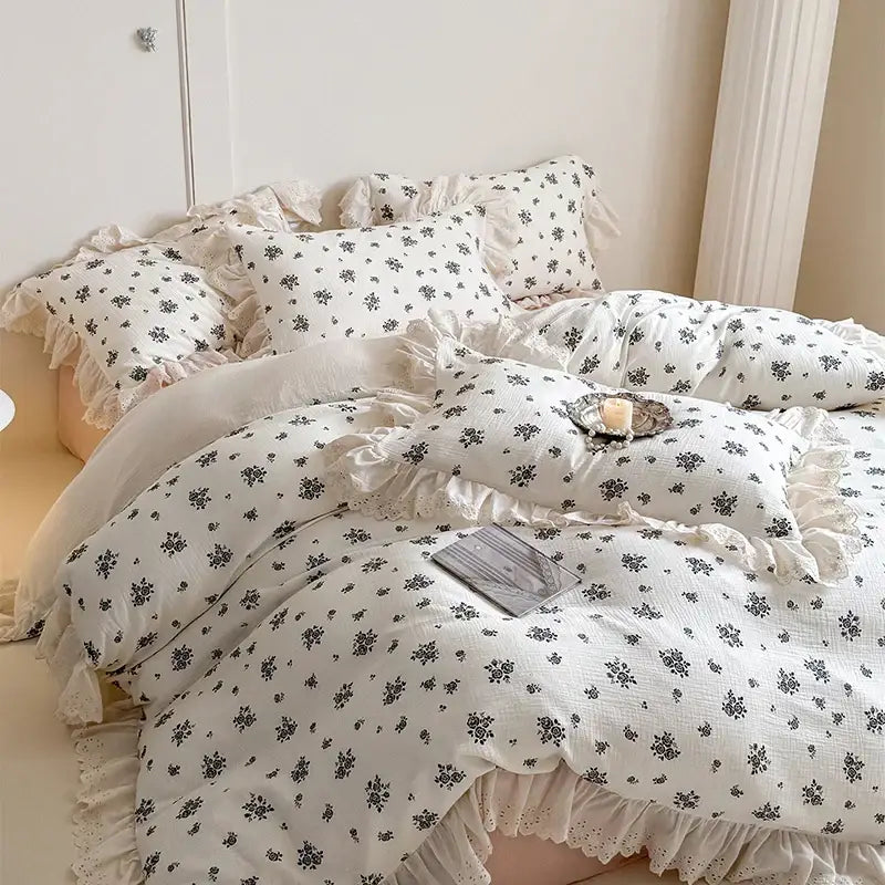 French lace floral white cotton bedding set bedroom ruffles