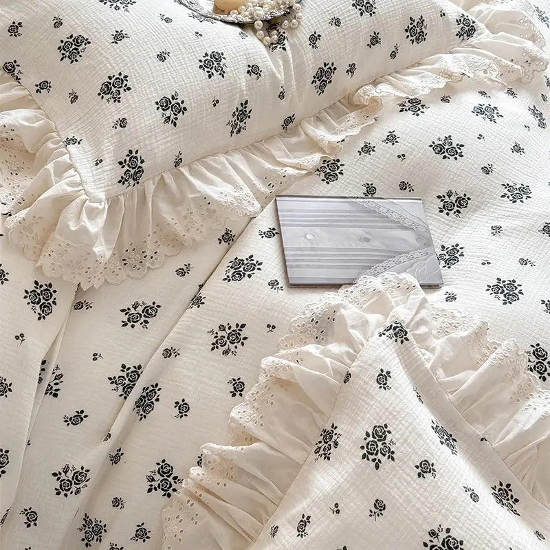 French lace floral white cotton bedding set bedroom ruffles