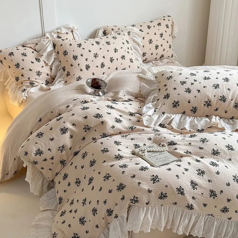 French lace floral white cotton bedding set bedroom ruffles