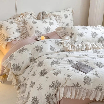 French lace floral white cotton bedding set bedroom ruffles