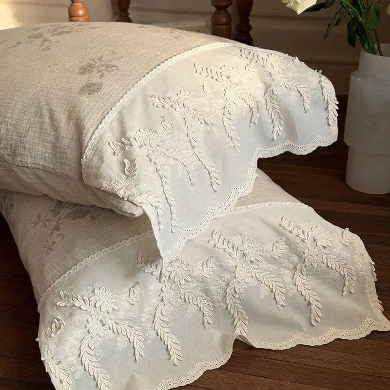French lace flowers cream cotton bedding set bedroom duvet cover
