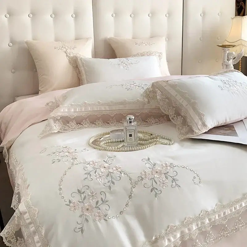 French lace flowers ivory satin bedding set bedroom floral embroidery