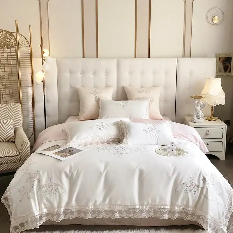 French lace flowers ivory satin bedding set bedroom floral embroidery