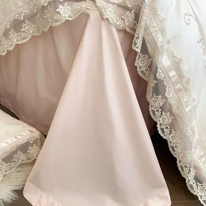 French lace flowers ivory satin bedding set bedroom floral embroidery