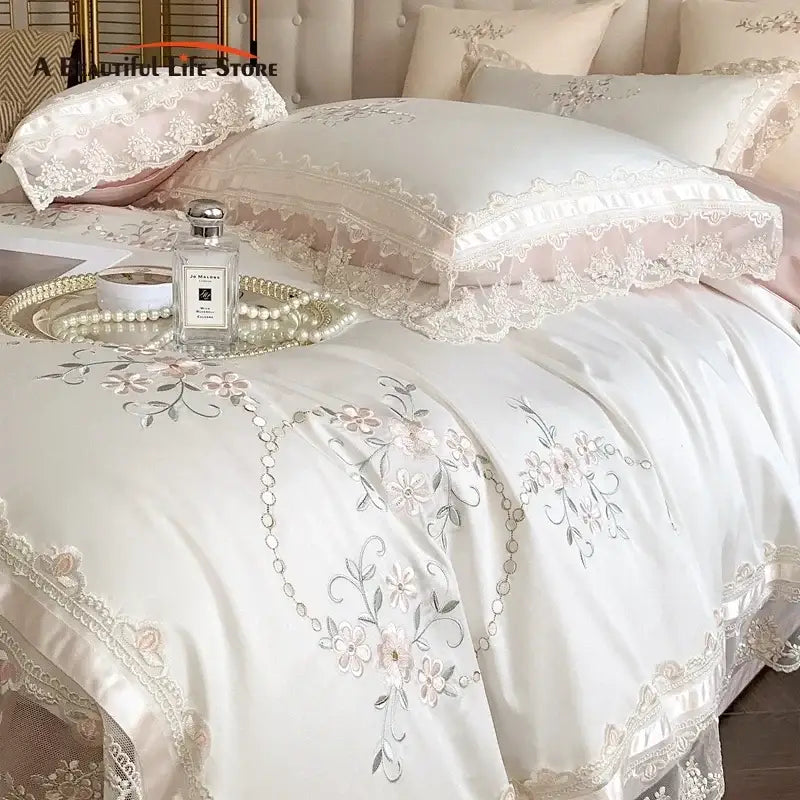 French lace flowers ivory satin bedding set bedroom floral embroidery