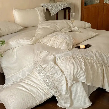 French lace ruffle cream linen bedding set bedroom decor