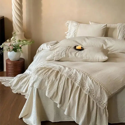 French lace ruffle cream linen bedding set bedroom decor