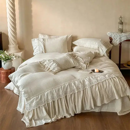 French lace ruffle cream linen bedding set bedroom decor